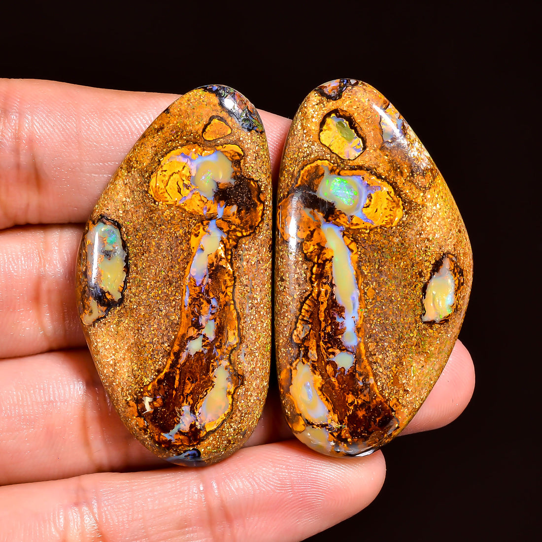 Boulder Opal Fancy Shape Cabochon Loose Gemstone Pair For Making Earrings 125 Ct. 47X24X6 mm OP-918