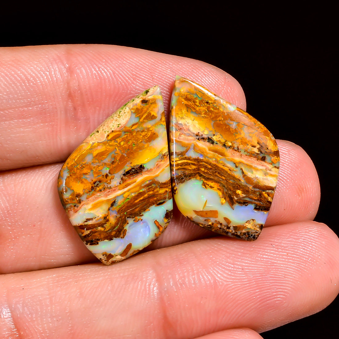Boulder Opal Fancy Shape Cabochon Loose Gemstone Pair For Making Earrings 11 Ct. 25X14X3 mm OP-920