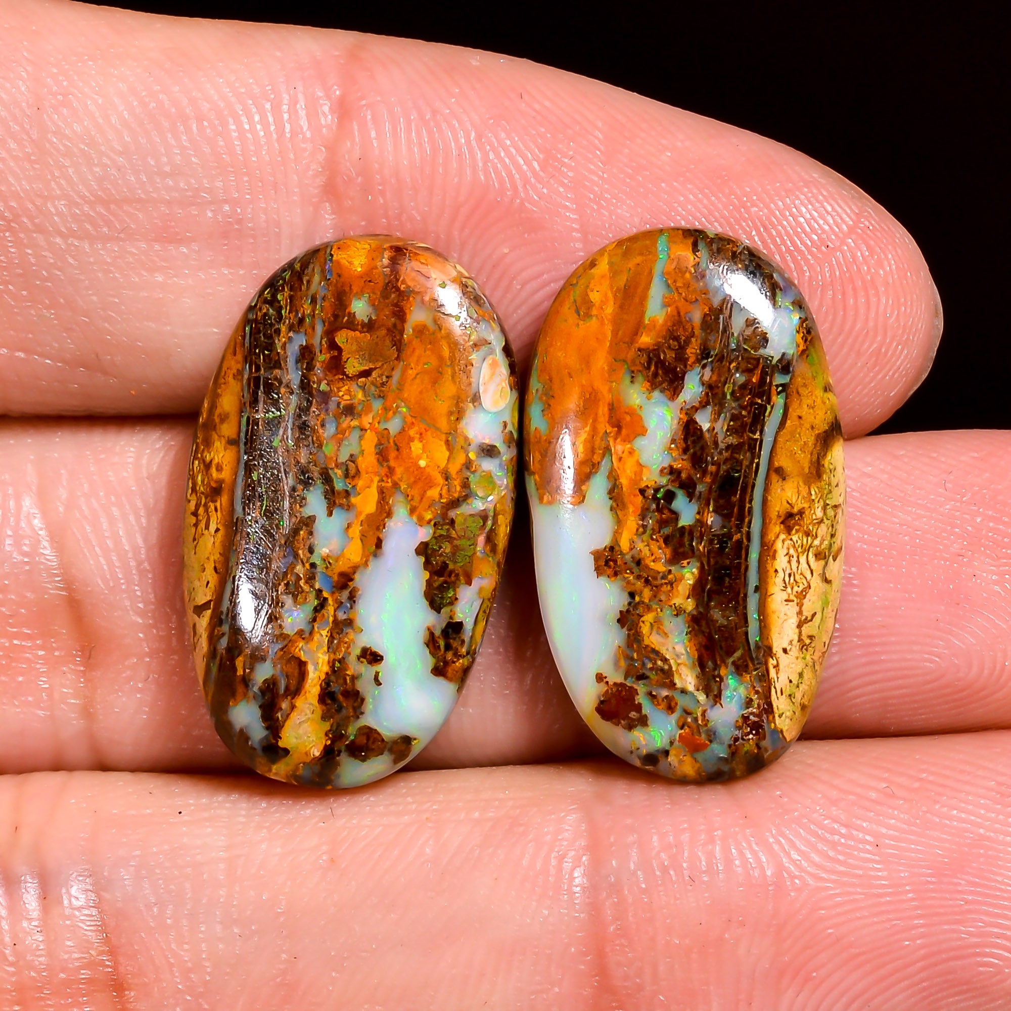 Boulder Opal Oval Shape Cabochon Loose Gemstone Pair For Making Earrings 17 Ct. 22X13X4 mm OP-924