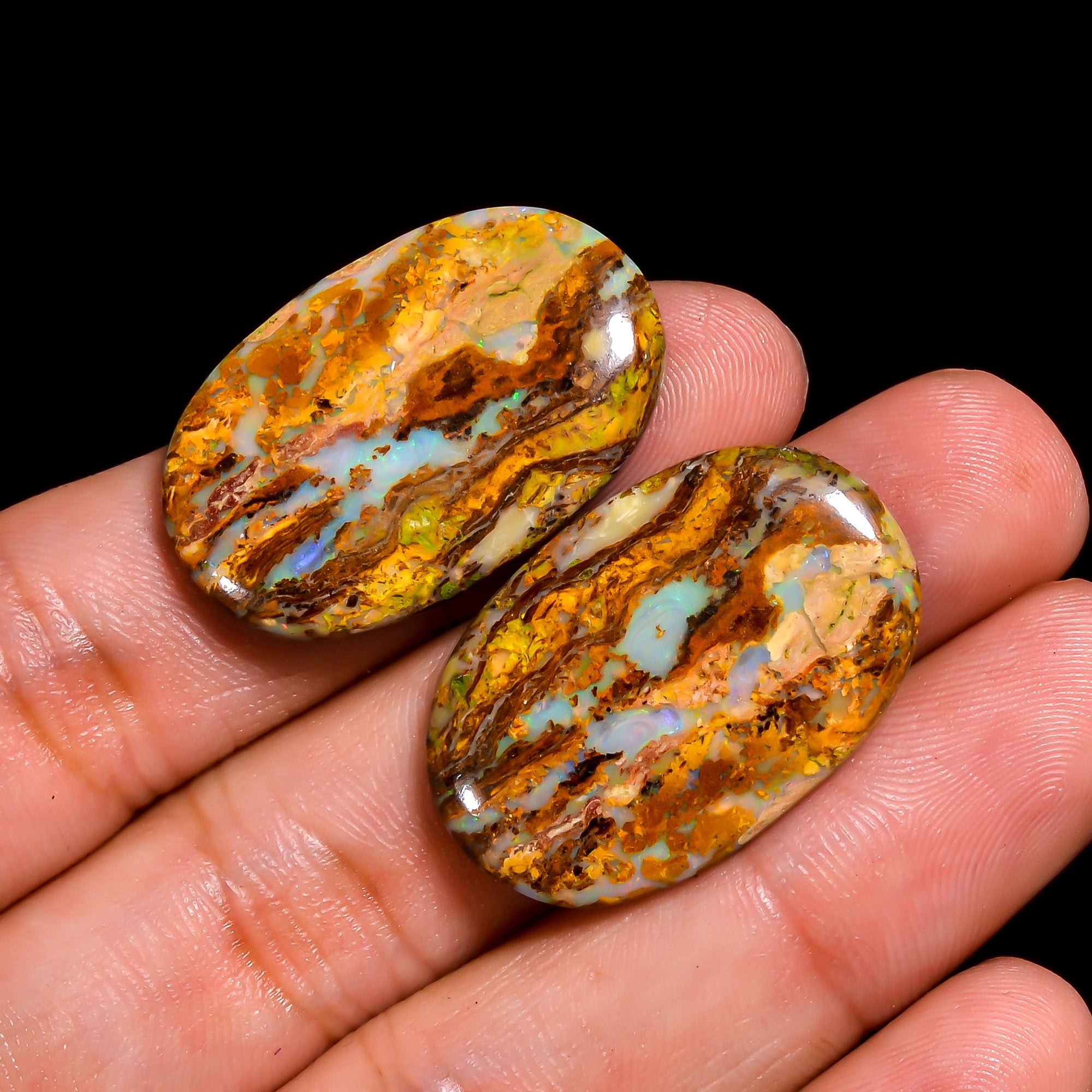 Boulder Opal Oval Shape Cabochon Loose Gemstone Pair For Making Earrings 30.5 Ct. 29X19X4 mm OP-926
