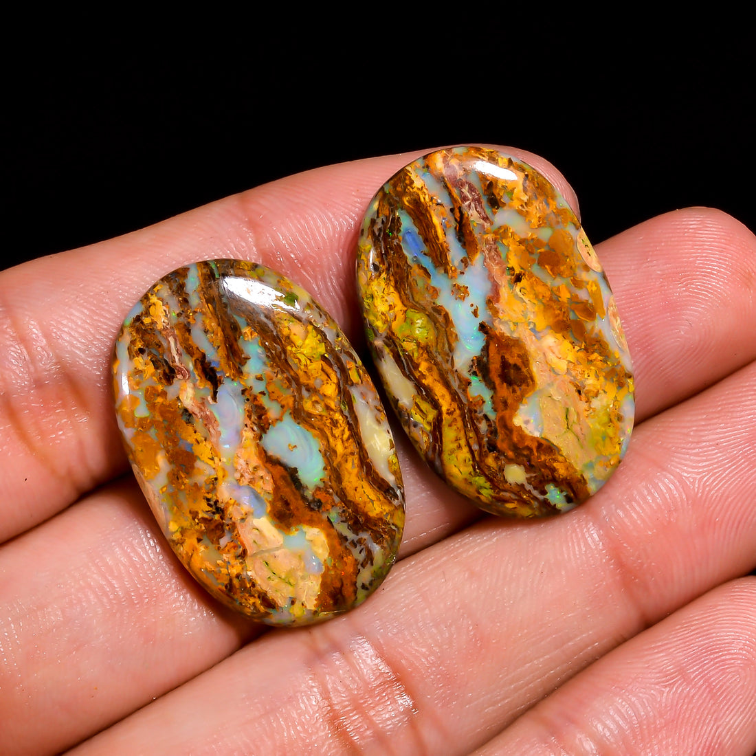 Boulder Opal Oval Shape Cabochon Loose Gemstone Pair For Making Earrings 30.5 Ct. 29X19X4 mm OP-926