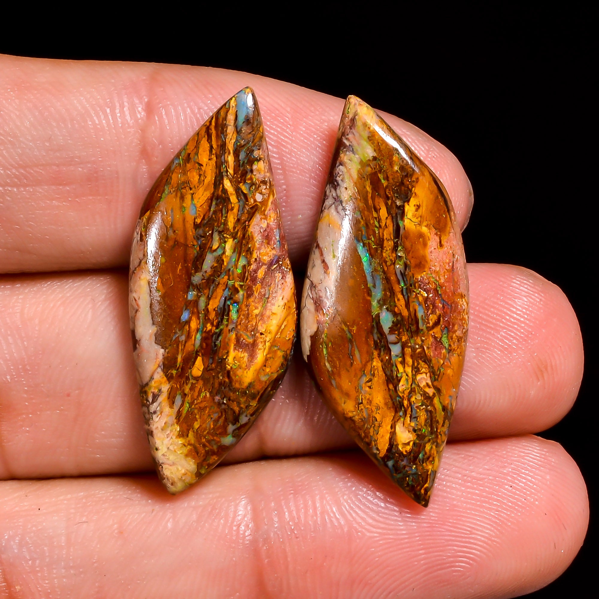 Boulder Opal Fancy Shape Cabochon Loose Gemstone Pair For Making Earrings 17 Ct. 30X12X4 mm OP-930