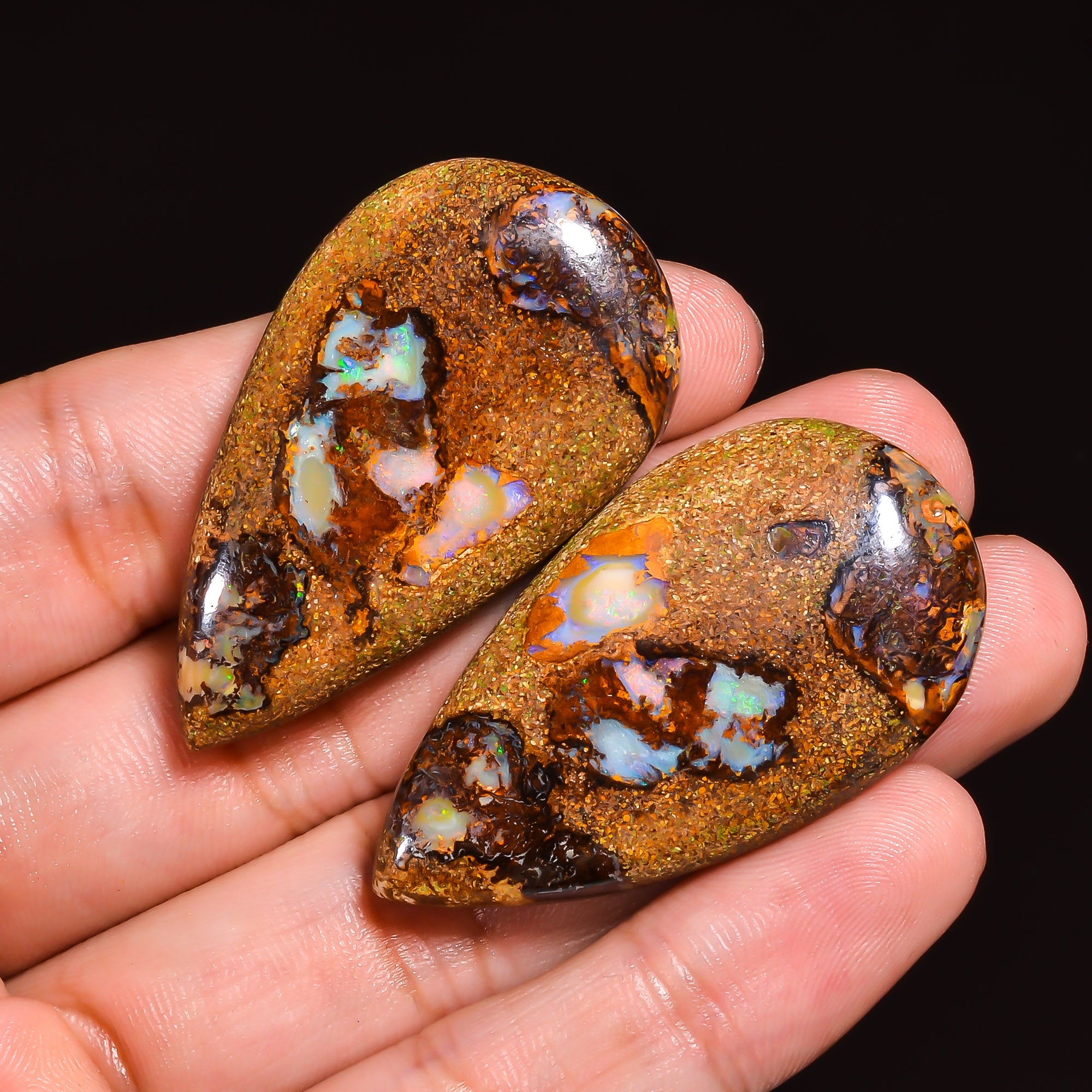 Boulder Opal Pear Shape Cabochon Loose Gemstone Pair For Making Earrings 120 Ct. 44X24X7 mm OP-933