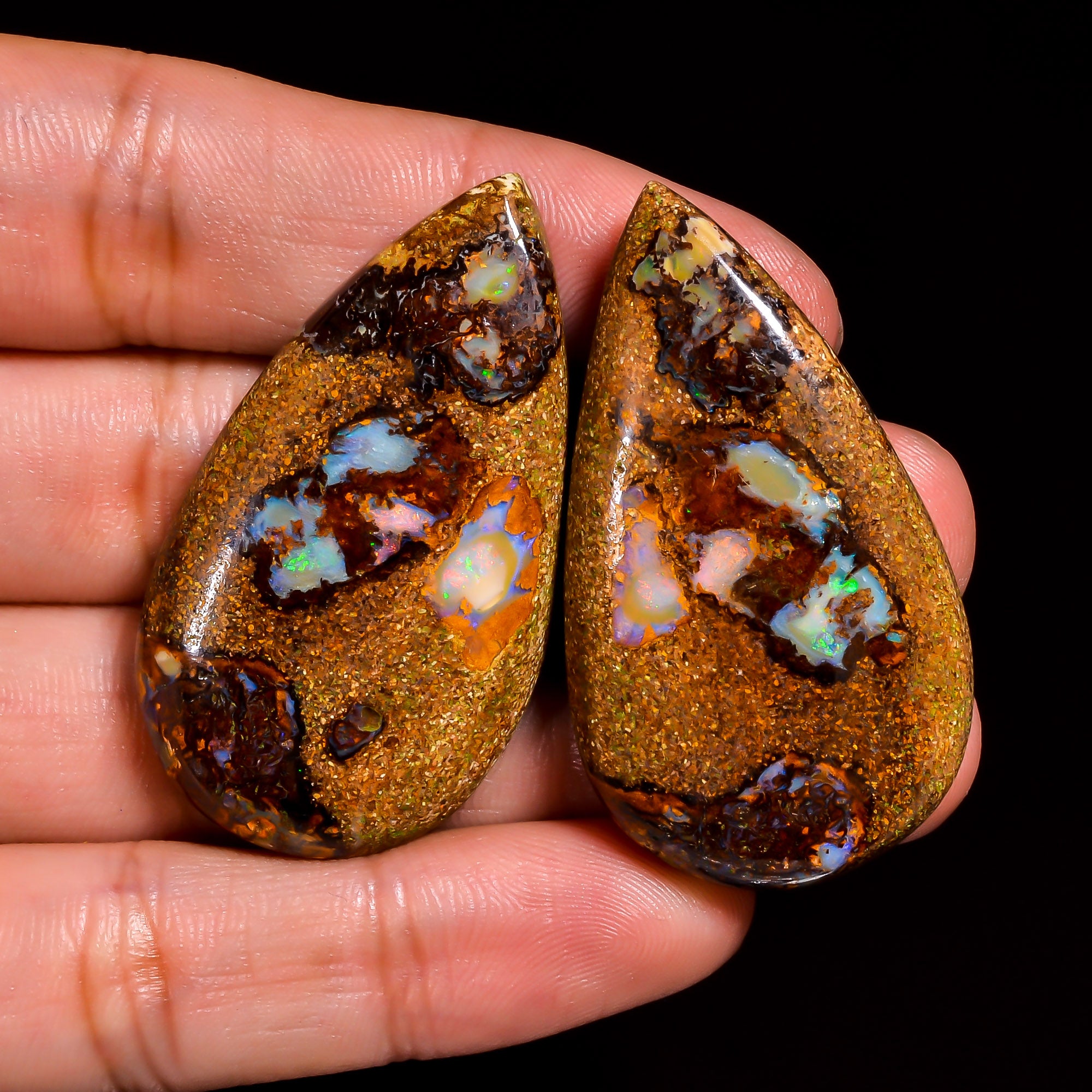 Boulder Opal Pear Shape Cabochon Loose Gemstone Pair For Making Earrings 120 Ct. 44X24X7 mm OP-933