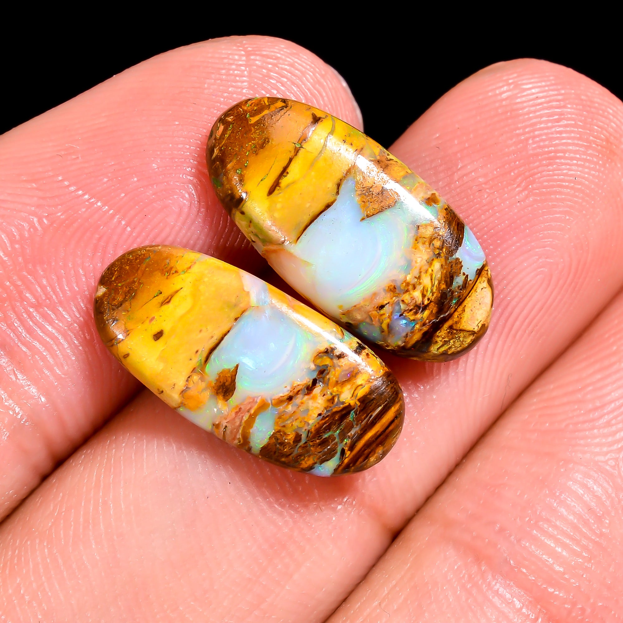 Boulder Opal Oval Shape Cabochon Loose Gemstone Pair For Making Earrings 5 Ct. 17X8X3 mm OP-934