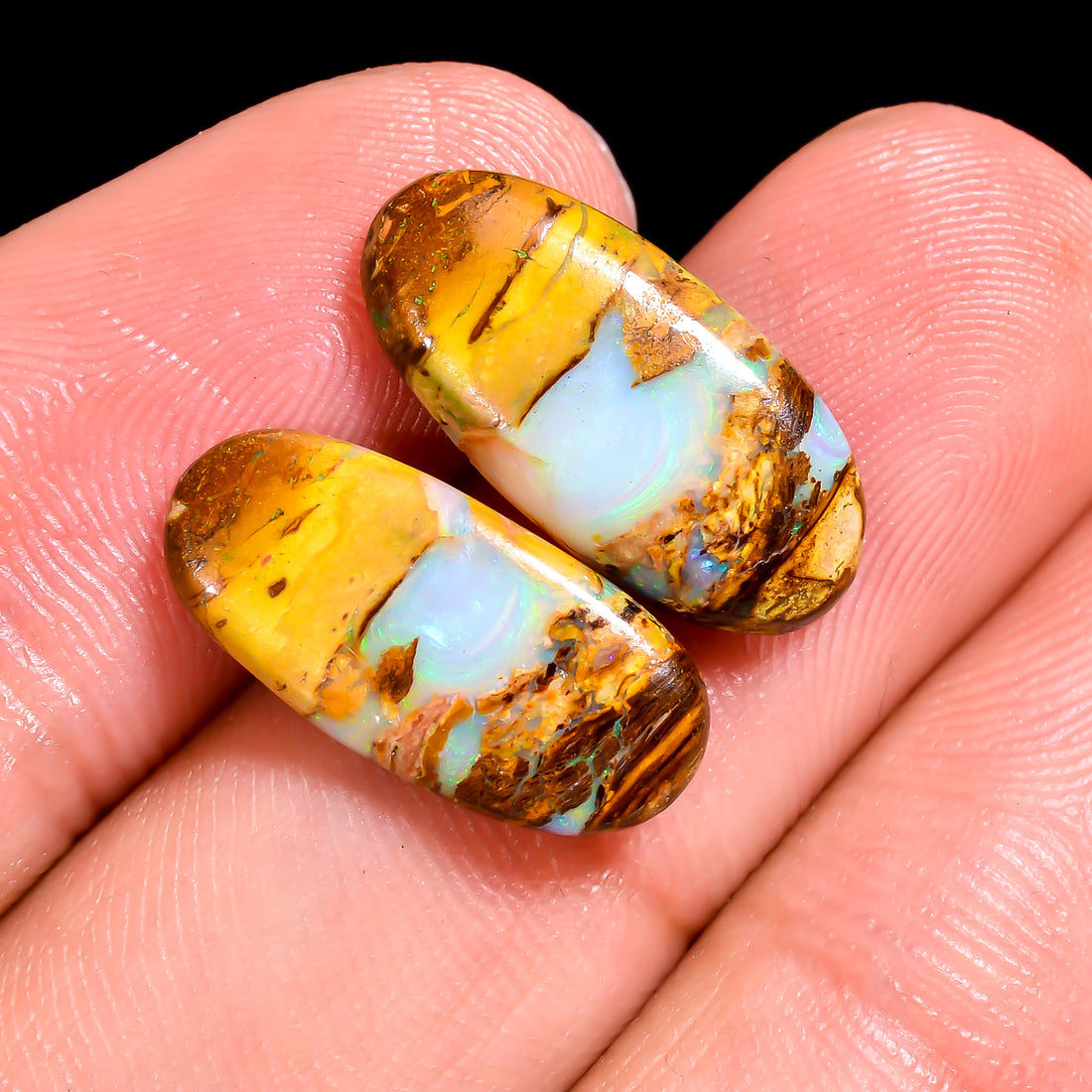 Boulder Opal Oval Shape Cabochon Loose Gemstone Pair For Making Earrings 5 Ct. 17X8X3 mm OP-934
