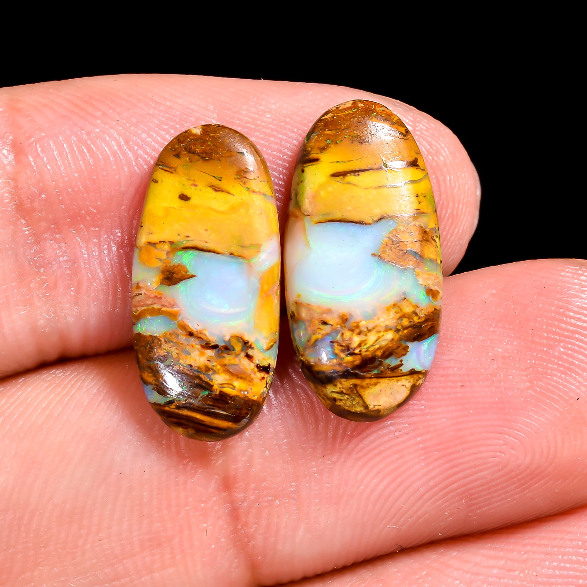 Boulder Opal Oval Shape Cabochon Loose Gemstone Pair For Making Earrings 5 Ct. 17X8X3 mm OP-934
