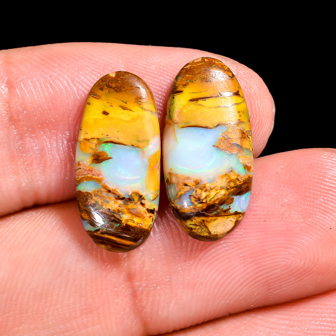 Boulder Opal Oval Shape Cabochon Loose Gemstone Pair For Making Earrings 5 Ct. 17X8X3 mm OP-934