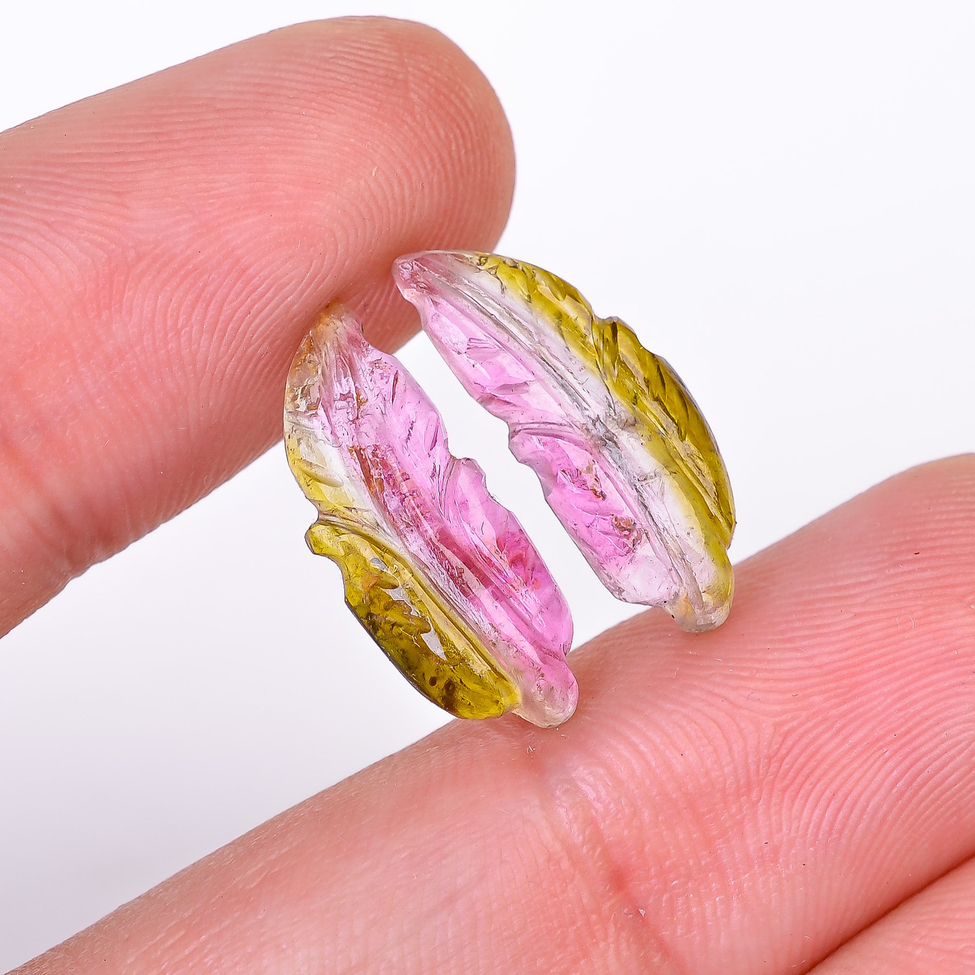 Natural Watermelon Tourmaline Leaf Shape Carved Loose Gemstone Pair For Making Earrings 5.25 Ct. 18X7X2 mm Y-10000
