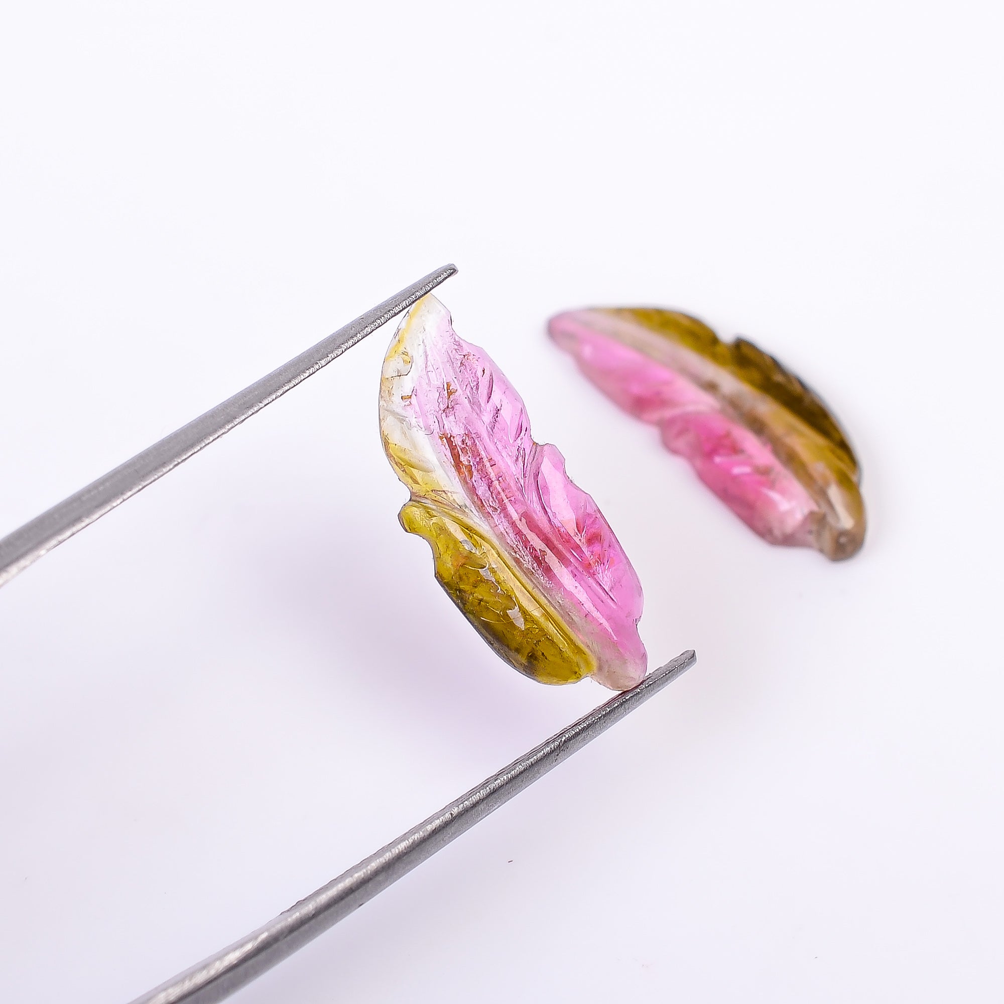 Natural Watermelon Tourmaline Leaf Shape Carved Loose Gemstone Pair For Making Earrings 5.25 Ct. 18X7X2 mm Y-10000