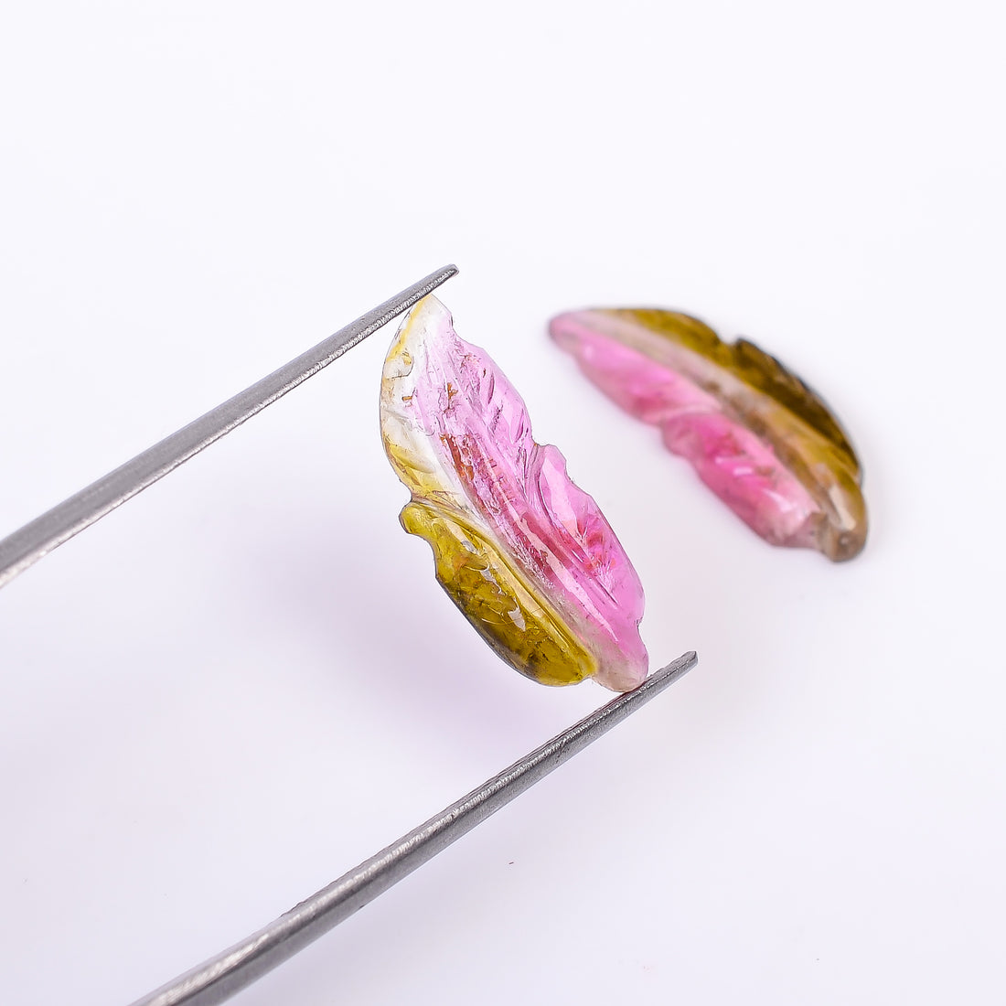 Natural Watermelon Tourmaline Leaf Shape Carved Loose Gemstone Pair For Making Earrings 5.25 Ct. 18X7X2 mm Y-10000