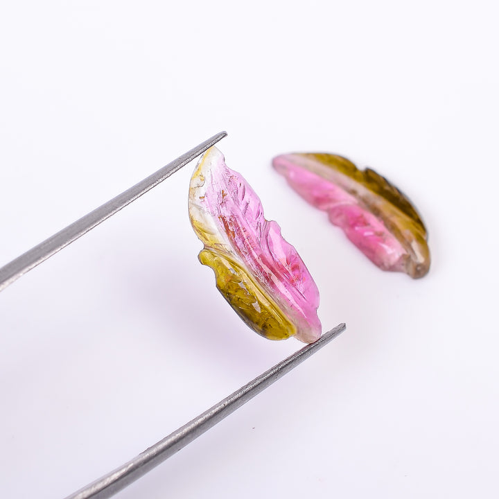 Natural Watermelon Tourmaline Leaf Shape Carved Loose Gemstone Pair For Making Earrings 5.25 Ct. 18X7X2 mm Y-10000