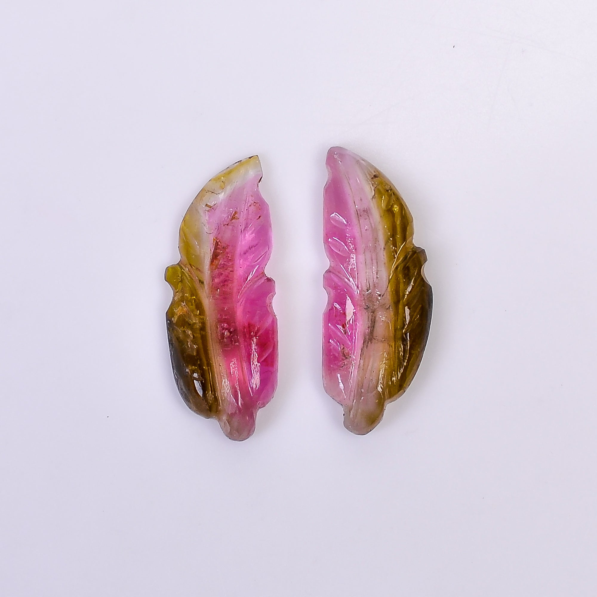 Natural Watermelon Tourmaline Leaf Shape Carved Loose Gemstone Pair For Making Earrings 5.25 Ct. 18X7X2 mm Y-10000