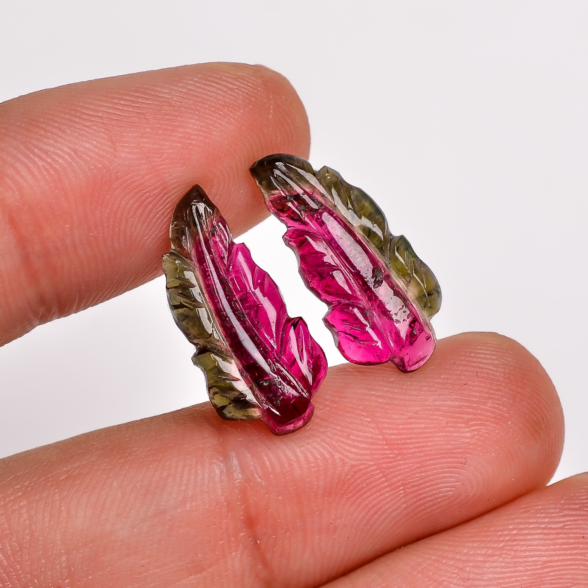 Natural Watermelon Tourmaline Leaf Shape Carved Loose Gemstone Pair For Making Earrings 7.25 Ct. 18X8X3 mm Y-10001