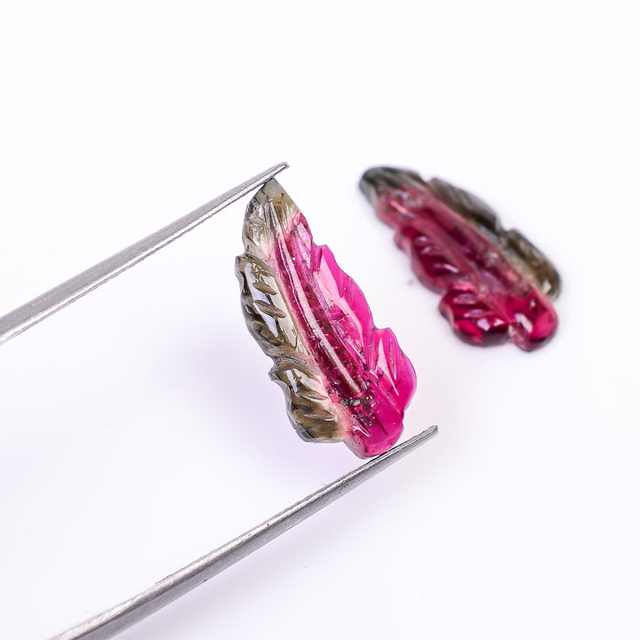 Natural Watermelon Tourmaline Leaf Shape Carved Loose Gemstone Pair For Making Earrings 7.25 Ct. 18X8X3 mm Y-10001