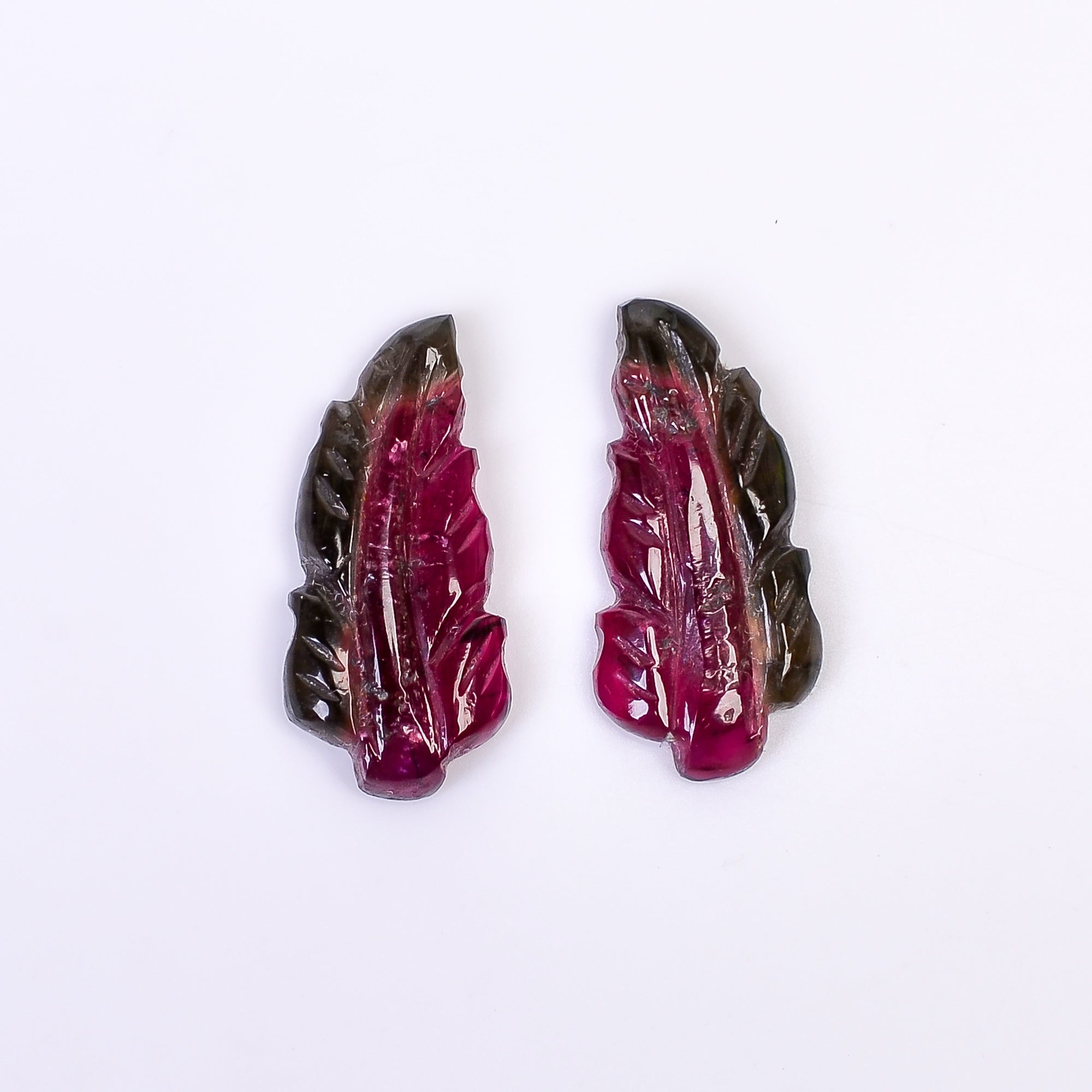 Natural Watermelon Tourmaline Leaf Shape Carved Loose Gemstone Pair For Making Earrings 7.25 Ct. 18X8X3 mm Y-10001