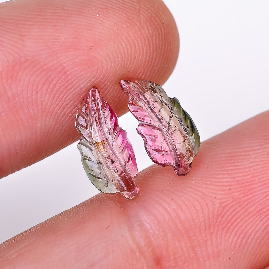 Natural Watermelon Tourmaline Leaf Shape Carved Loose Gemstone Pair For Making Earrings 1.4 Ct. 11X5X2 mm Y-10002