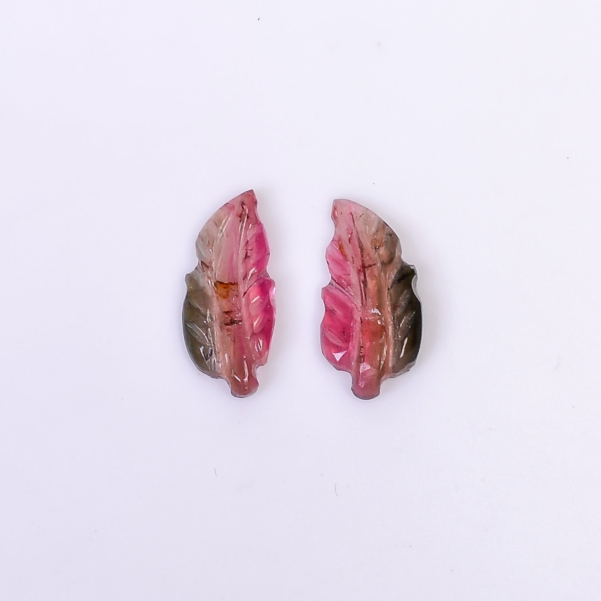 Natural Watermelon Tourmaline Leaf Shape Carved Loose Gemstone Pair For Making Earrings 1.4 Ct. 11X5X2 mm Y-10002