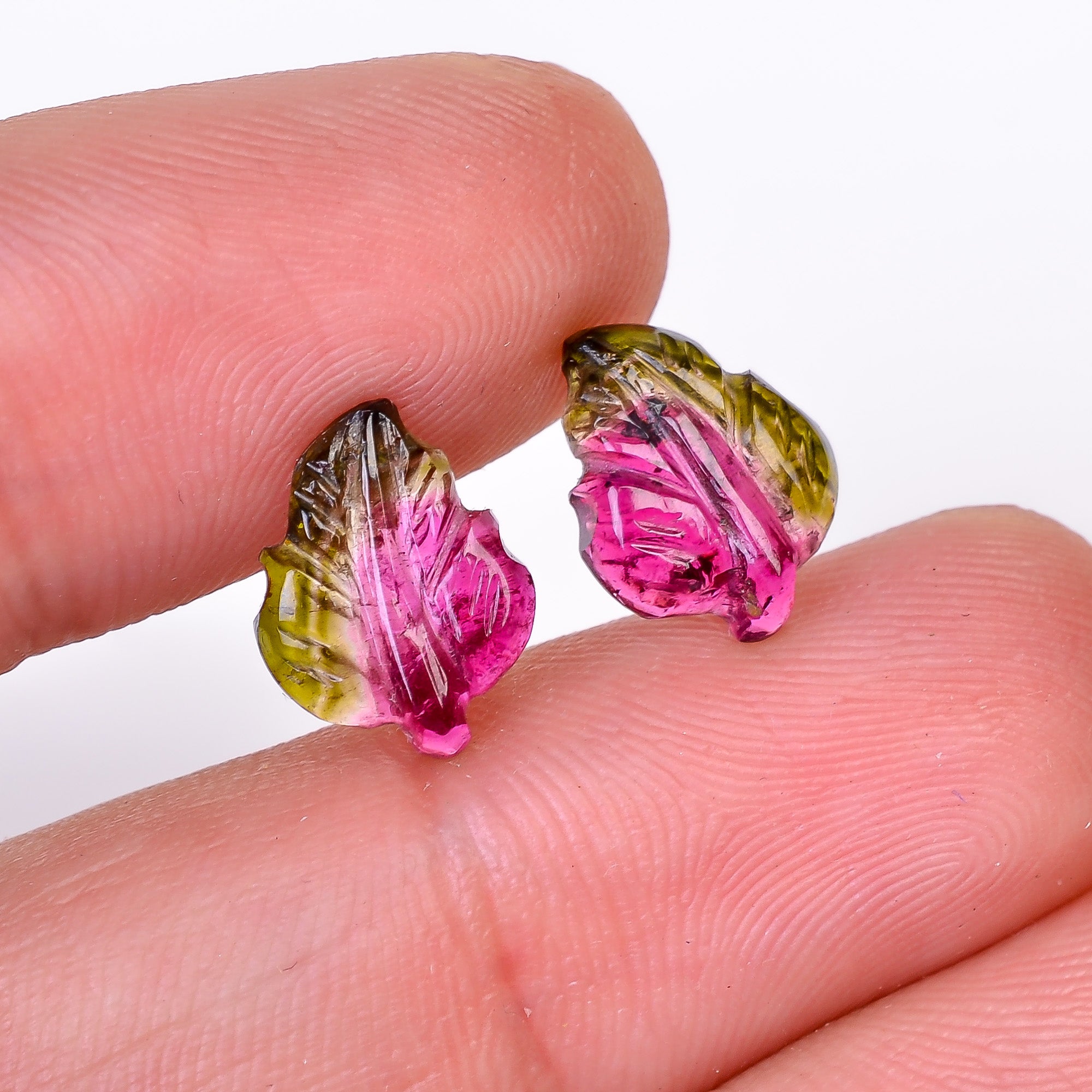 Natural Watermelon Tourmaline Leaf Shape Carved Loose Gemstone Pair For Making Earrings 3.55 Ct. 11X8X3 mm Y-10003