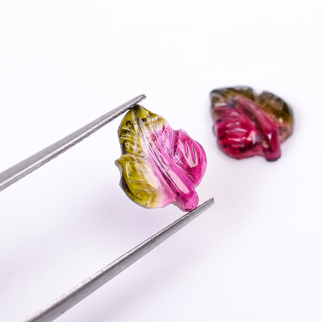 Natural Watermelon Tourmaline Leaf Shape Carved Loose Gemstone Pair For Making Earrings 3.55 Ct. 11X8X3 mm Y-10003