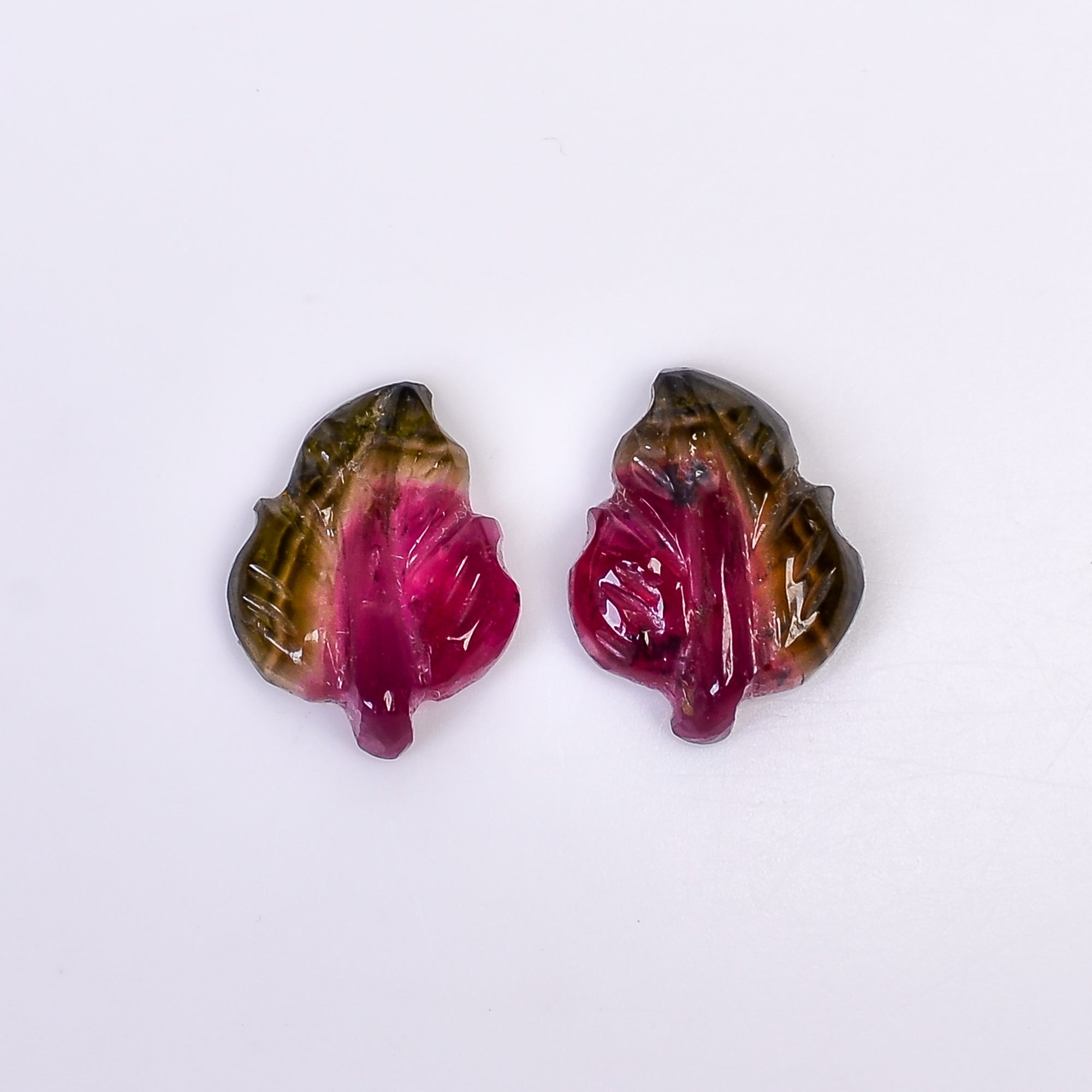 Natural Watermelon Tourmaline Leaf Shape Carved Loose Gemstone Pair For Making Earrings 3.55 Ct. 11X8X3 mm Y-10003