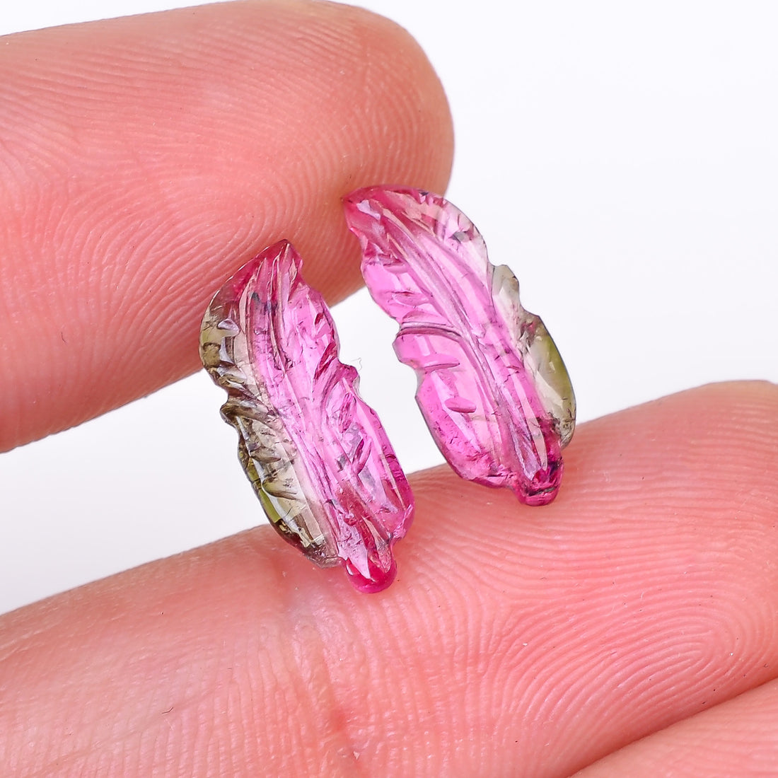 Natural Watermelon Tourmaline Leaf Shape Carved Loose Gemstone Pair For Making Earrings 2.75 Ct. 14X6X2 mm Y-10004