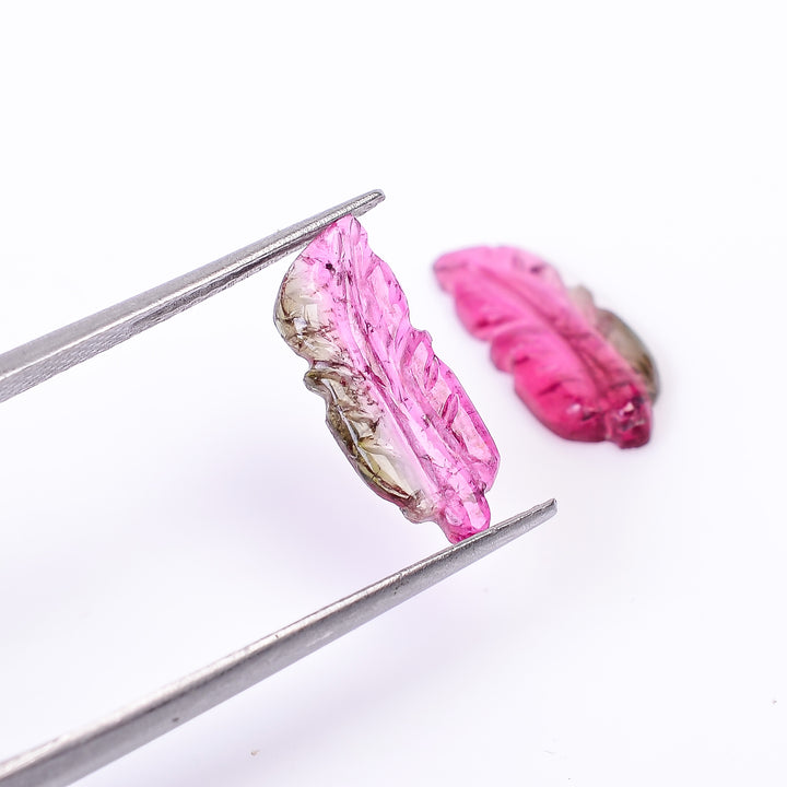 Natural Watermelon Tourmaline Leaf Shape Carved Loose Gemstone Pair For Making Earrings 2.75 Ct. 14X6X2 mm Y-10004