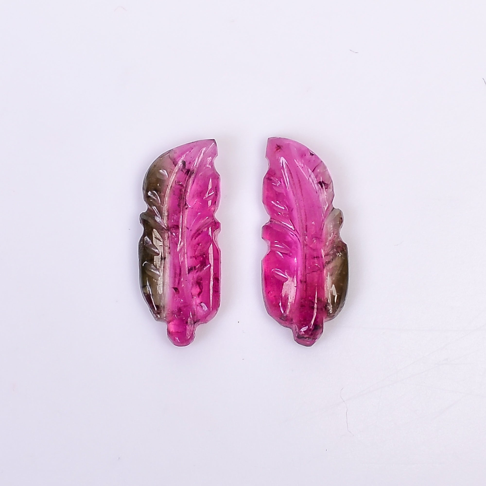 Natural Watermelon Tourmaline Leaf Shape Carved Loose Gemstone Pair For Making Earrings 2.75 Ct. 14X6X2 mm Y-10004