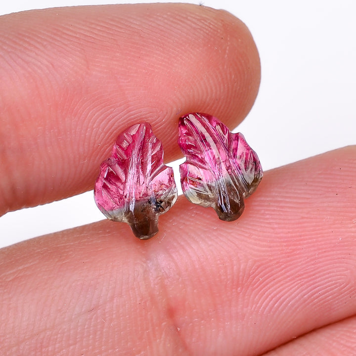 Natural Watermelon Tourmaline Leaf Shape Carved Loose Gemstone Pair For Making Earrings 1.7 Ct. 9X6X2 mm Y-10005