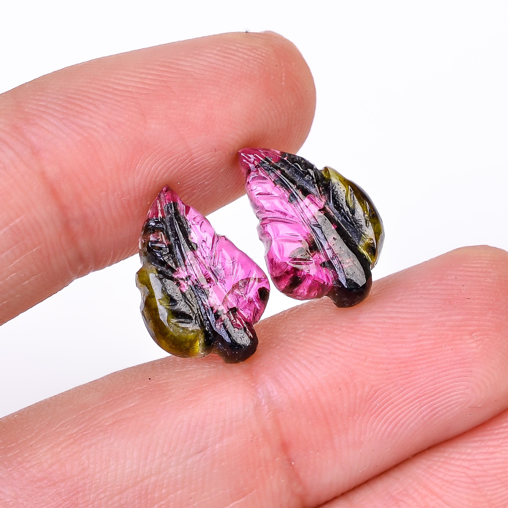 Natural Watermelon Tourmaline Leaf Shape Carved Loose Gemstone Pair For Making Earrings 8.2 Ct. 15X10X3 mm Y-10006