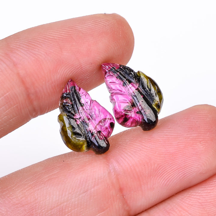 Natural Watermelon Tourmaline Leaf Shape Carved Loose Gemstone Pair For Making Earrings 8.2 Ct. 15X10X3 mm Y-10006