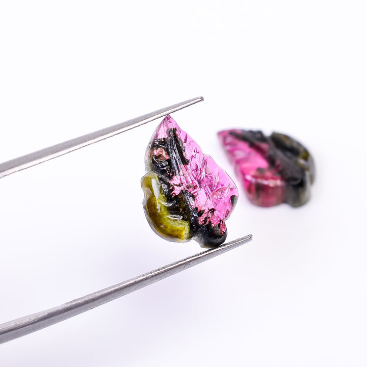 Natural Watermelon Tourmaline Leaf Shape Carved Loose Gemstone Pair For Making Earrings 8.2 Ct. 15X10X3 mm Y-10006
