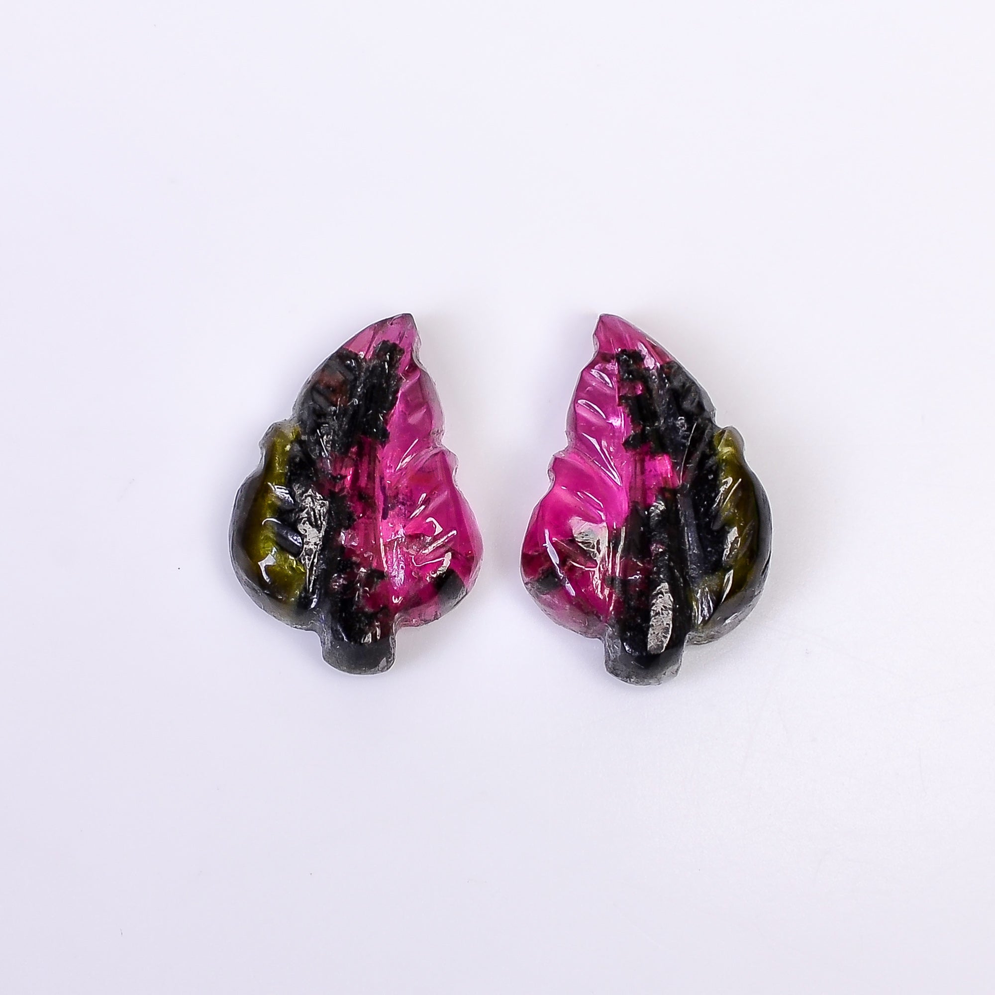 Natural Watermelon Tourmaline Leaf Shape Carved Loose Gemstone Pair For Making Earrings 8.2 Ct. 15X10X3 mm Y-10006