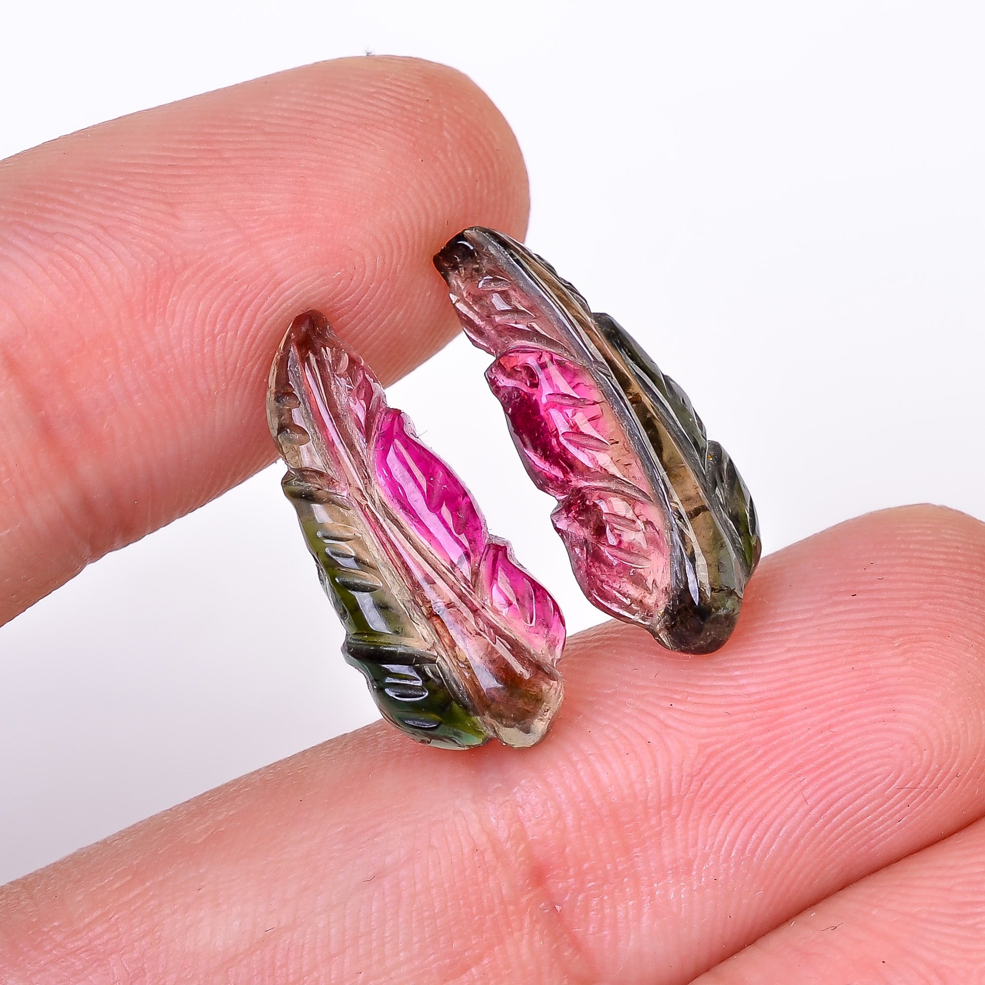 Natural Watermelon Tourmaline Leaf Shape Carved Loose Gemstone Pair For Making Earrings 9.45 Ct. 19X8X3 mm Y-10007