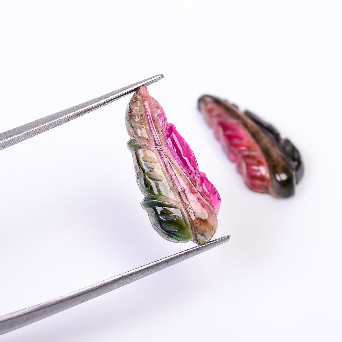 Natural Watermelon Tourmaline Leaf Shape Carved Loose Gemstone Pair For Making Earrings 9.45 Ct. 19X8X3 mm Y-10007