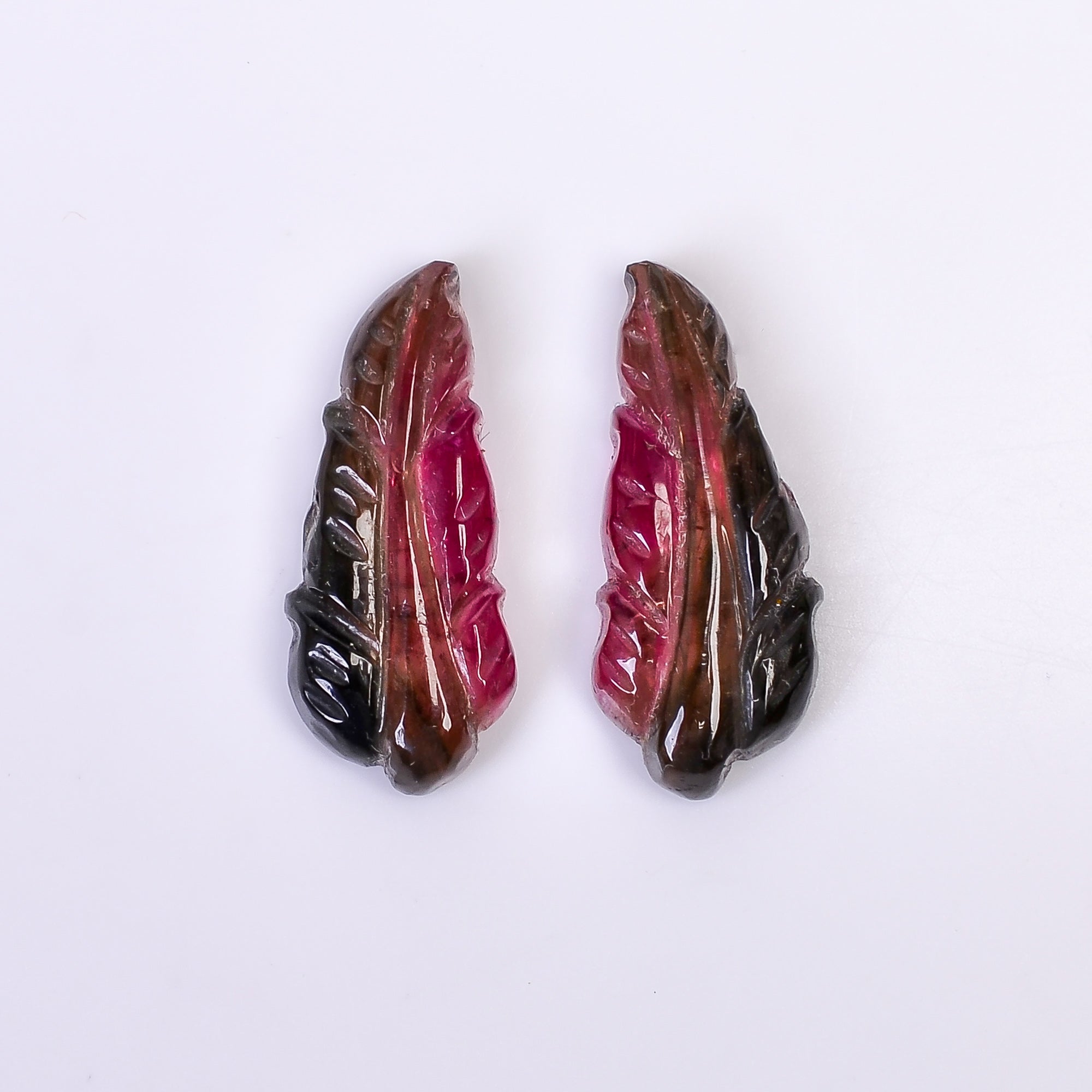 Natural Watermelon Tourmaline Leaf Shape Carved Loose Gemstone Pair For Making Earrings 9.45 Ct. 19X8X3 mm Y-10007