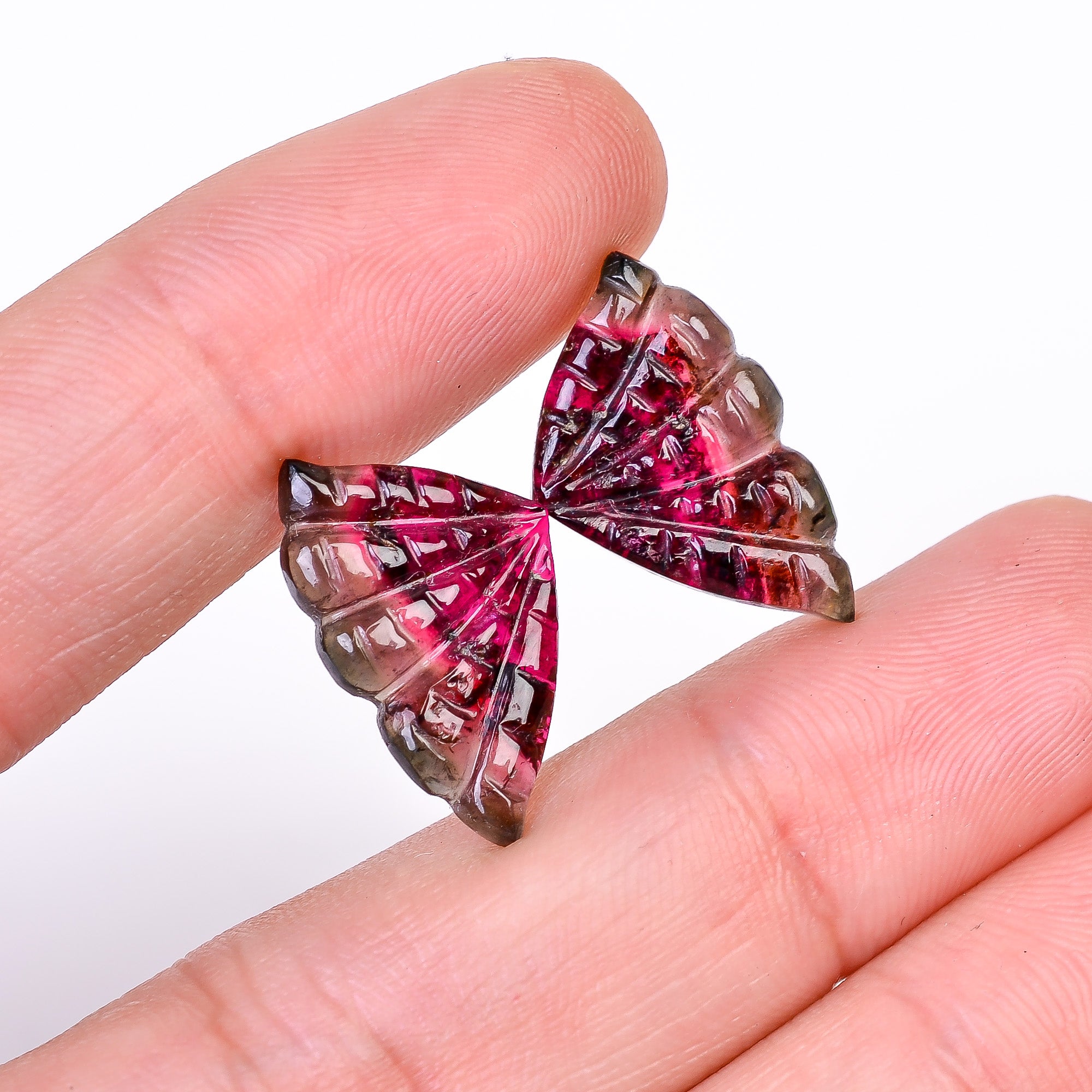 Natural Watermelon Tourmaline Butterfly Shape Carved Loose Gemstone Pair For Making Earrings 10.9 Ct. 20X12X3 mm Y-10008