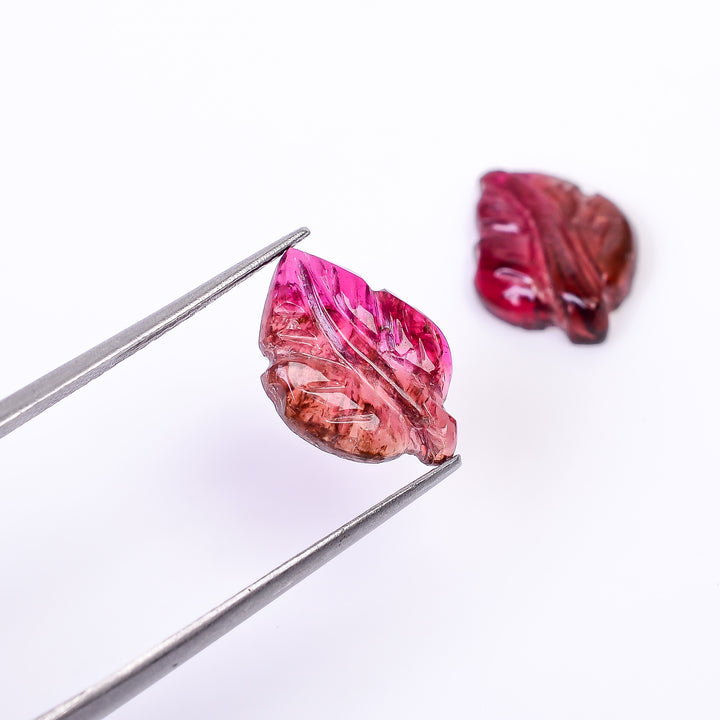Natural Watermelon Tourmaline Leaf Shape Carved Loose Gemstone Pair For Making Earrings 4.85 Ct. 13X9X3 mm Y-10009
