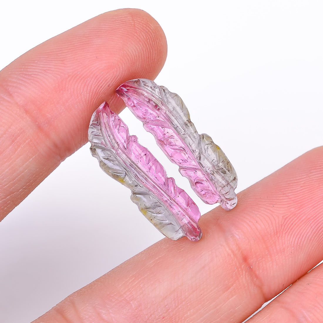Natural Watermelon Tourmaline Leaf Shape Carved Loose Gemstone Pair For Making Earrings 10.85 Ct. 24X7X3 mm Y-10010