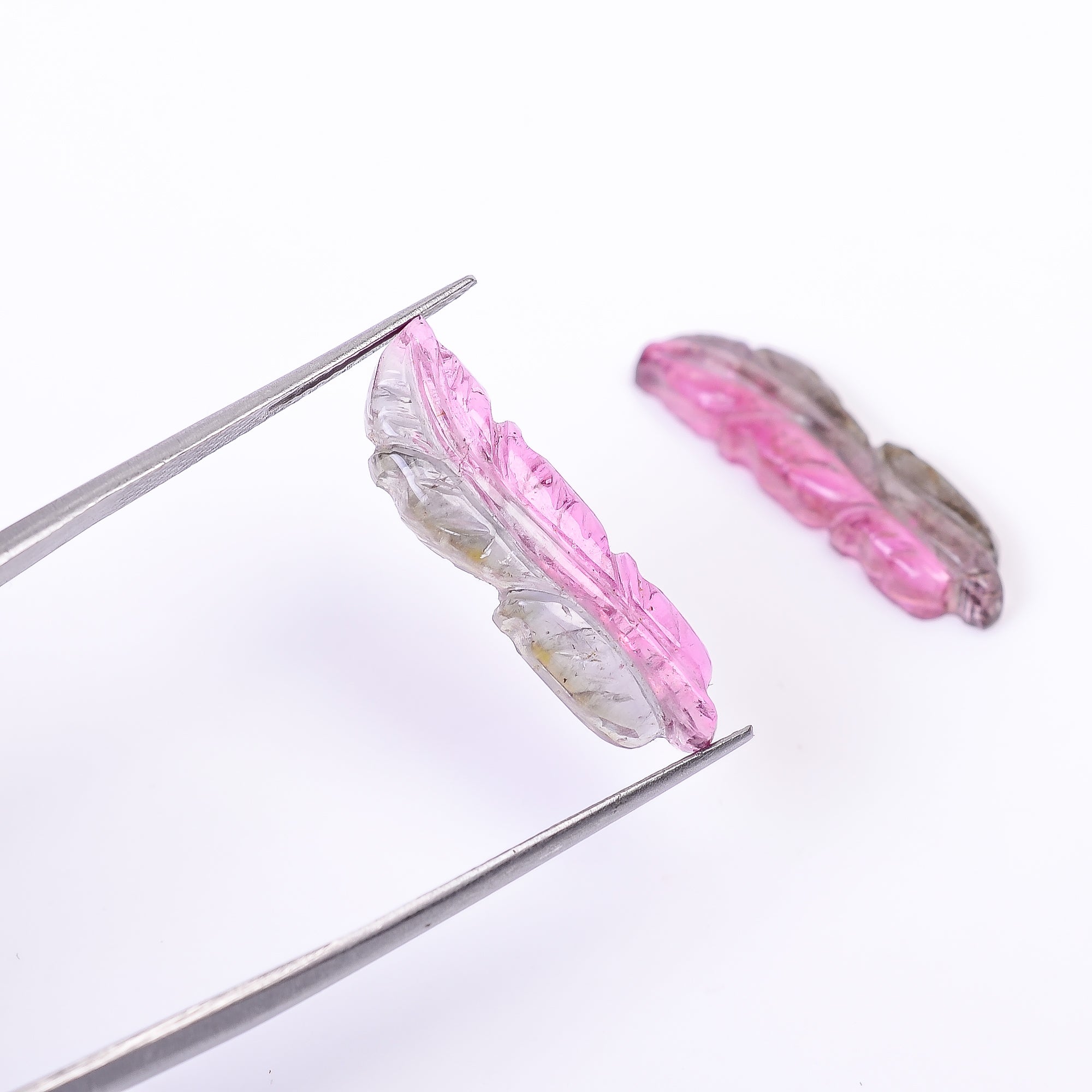 Natural Watermelon Tourmaline Leaf Shape Carved Loose Gemstone Pair For Making Earrings 10.85 Ct. 24X7X3 mm Y-10010