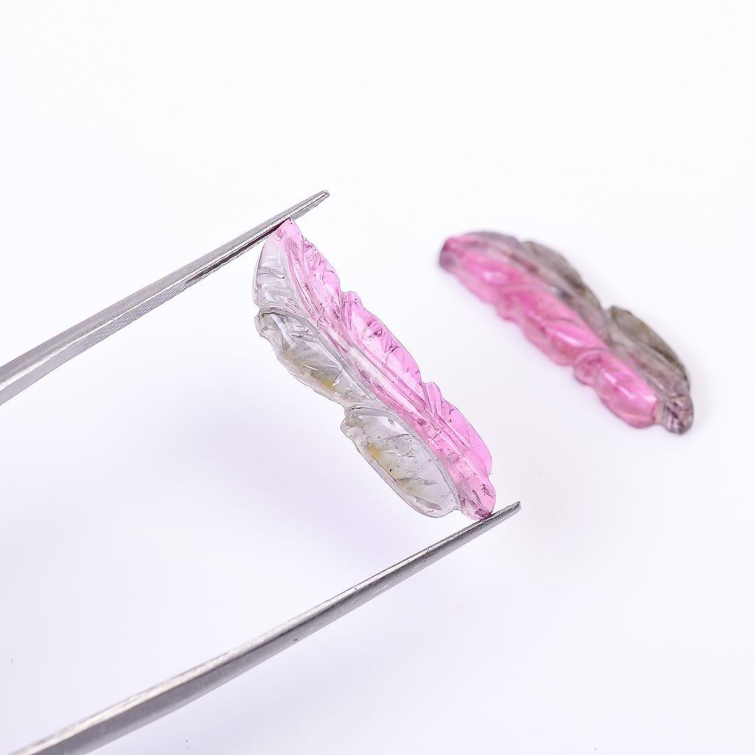 Natural Watermelon Tourmaline Leaf Shape Carved Loose Gemstone Pair For Making Earrings 10.85 Ct. 24X7X3 mm Y-10010