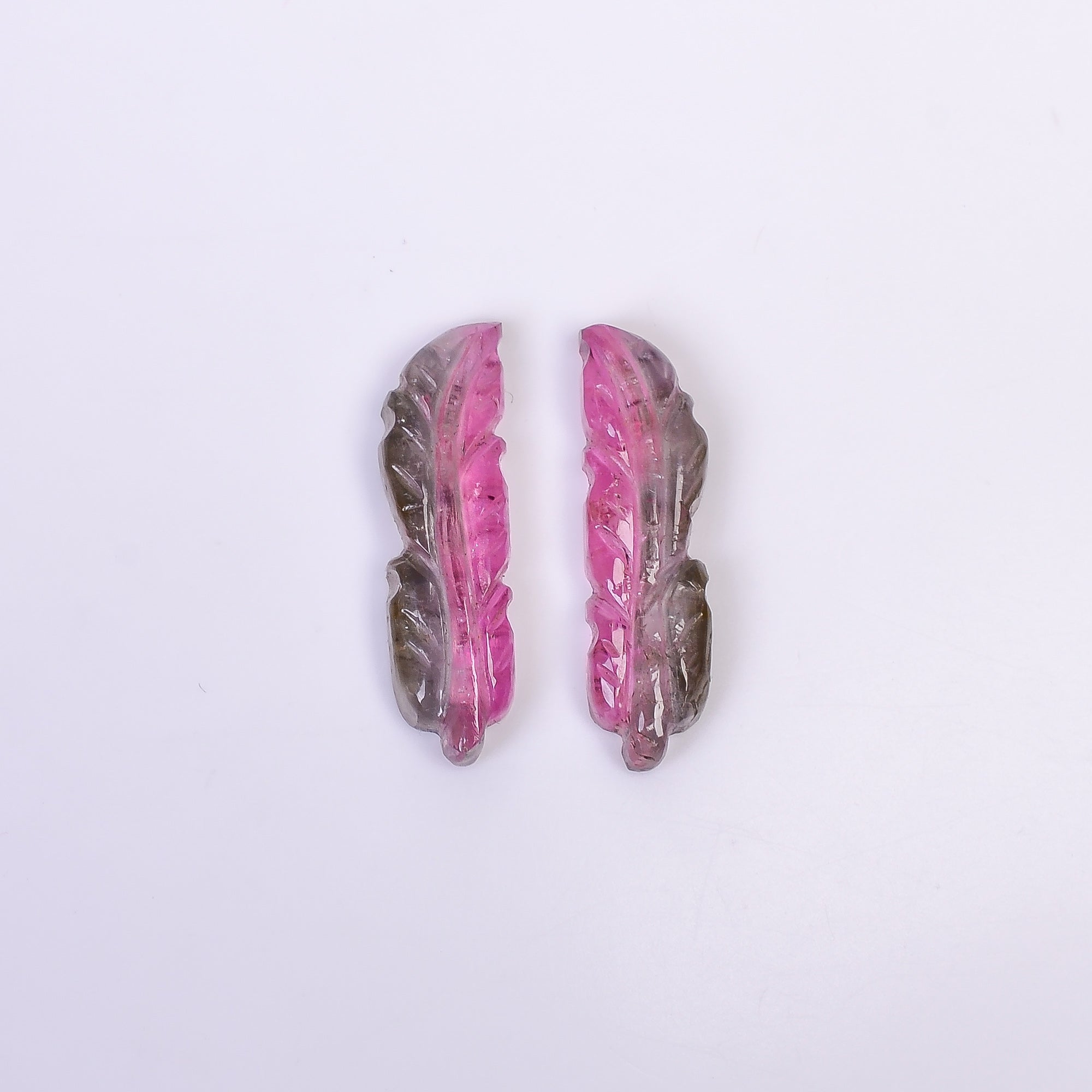 Natural Watermelon Tourmaline Leaf Shape Carved Loose Gemstone Pair For Making Earrings 10.85 Ct. 24X7X3 mm Y-10010