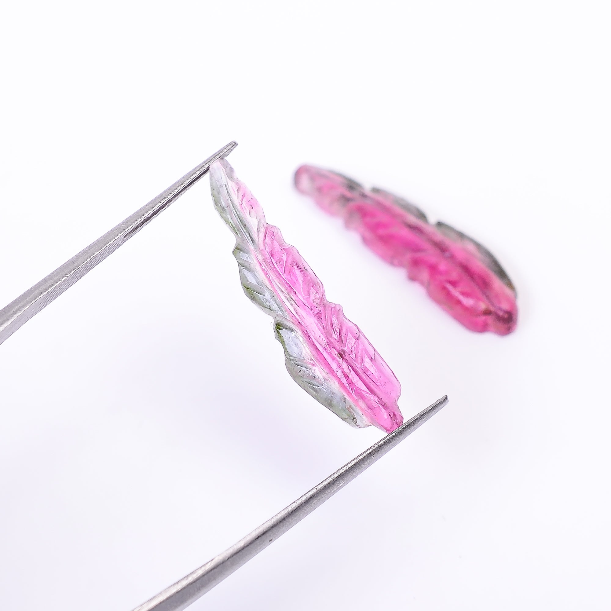 Natural Watermelon Tourmaline Leaf Shape Carved Loose Gemstone Pair For Making Earrings 8.6 Ct. 24X6X3 mm Y-10011