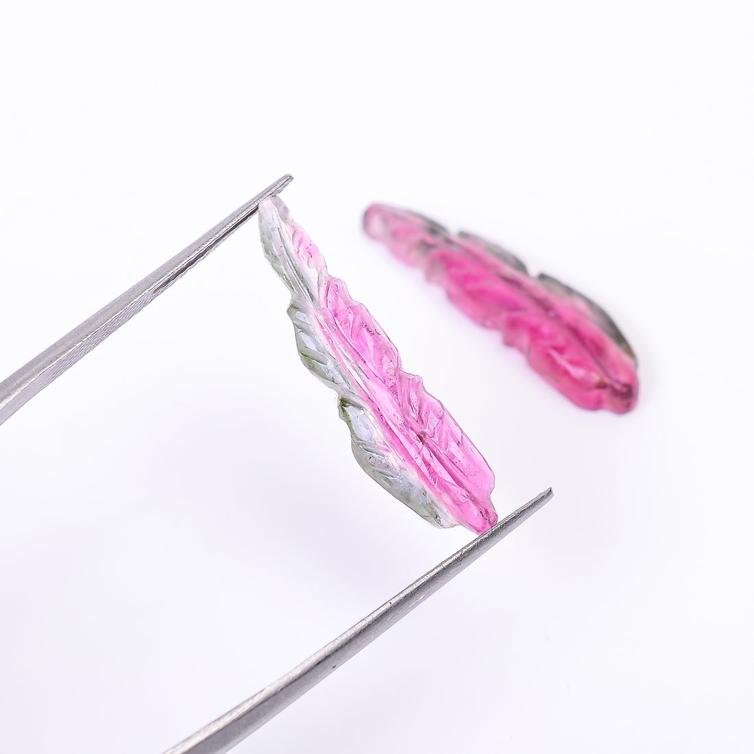 Natural Watermelon Tourmaline Leaf Shape Carved Loose Gemstone Pair For Making Earrings 8.6 Ct. 24X6X3 mm Y-10011