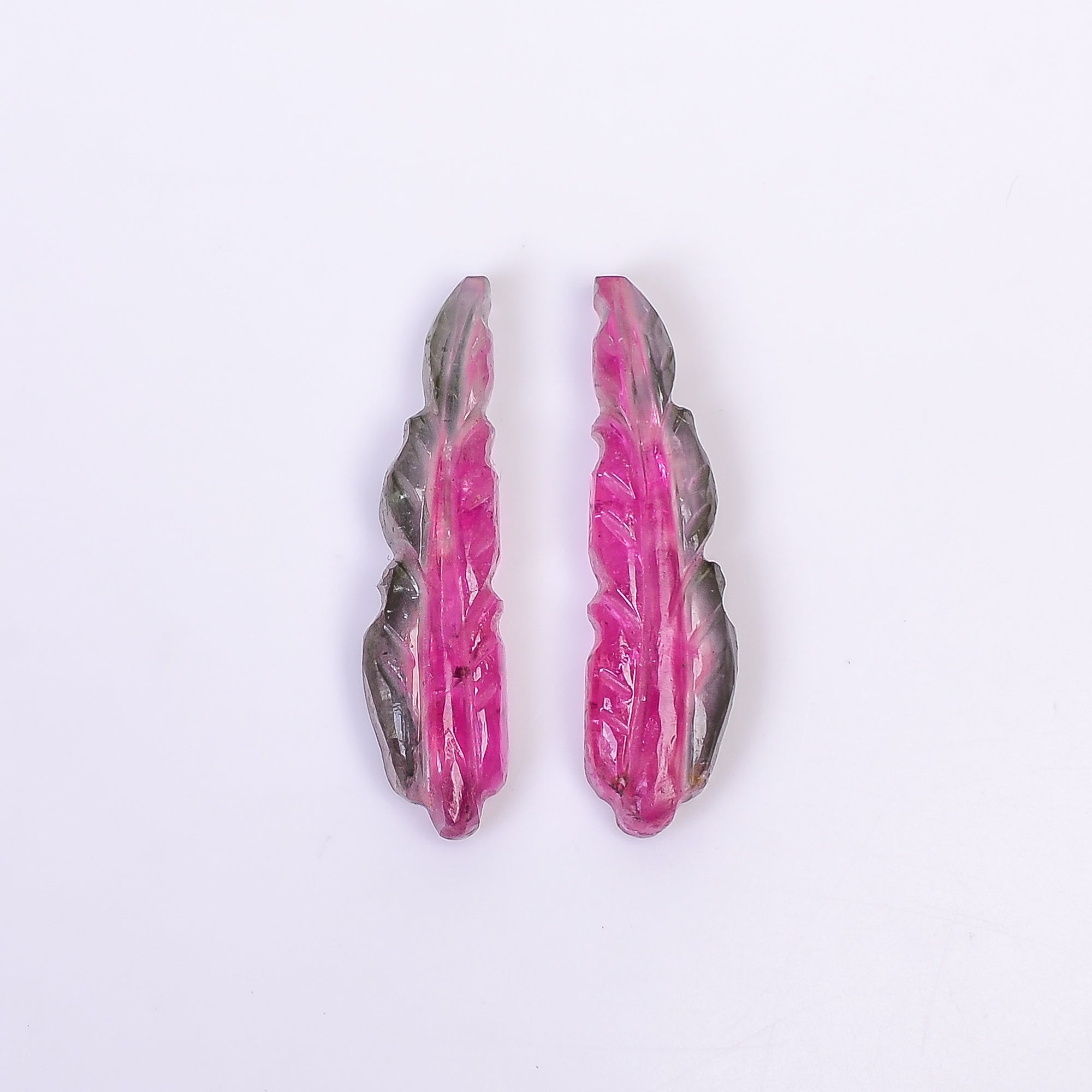 Natural Watermelon Tourmaline Leaf Shape Carved Loose Gemstone Pair For Making Earrings 8.6 Ct. 24X6X3 mm Y-10011