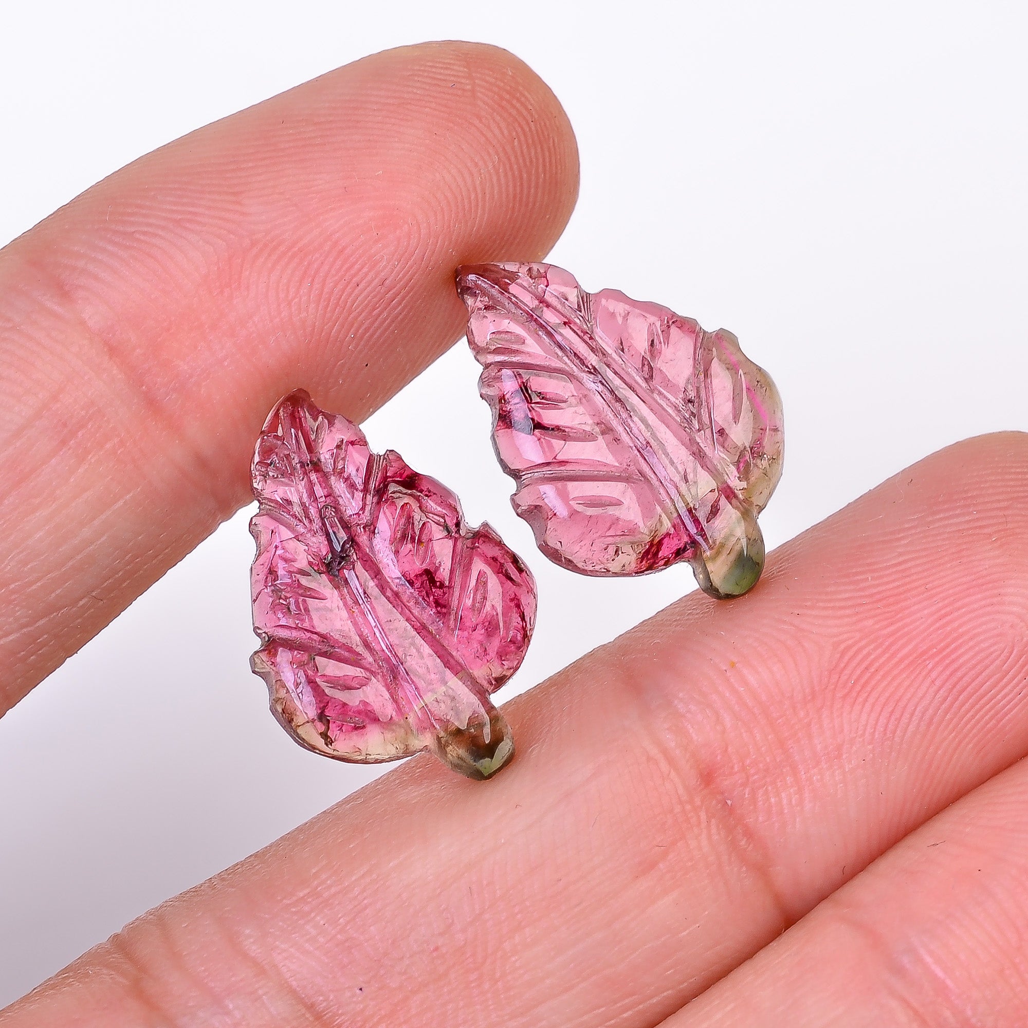 Natural Watermelon Tourmaline Leaf Shape Carved Loose Gemstone Pair For Making Earrings 11.3 Ct. 19X13X2 mm Y-10012
