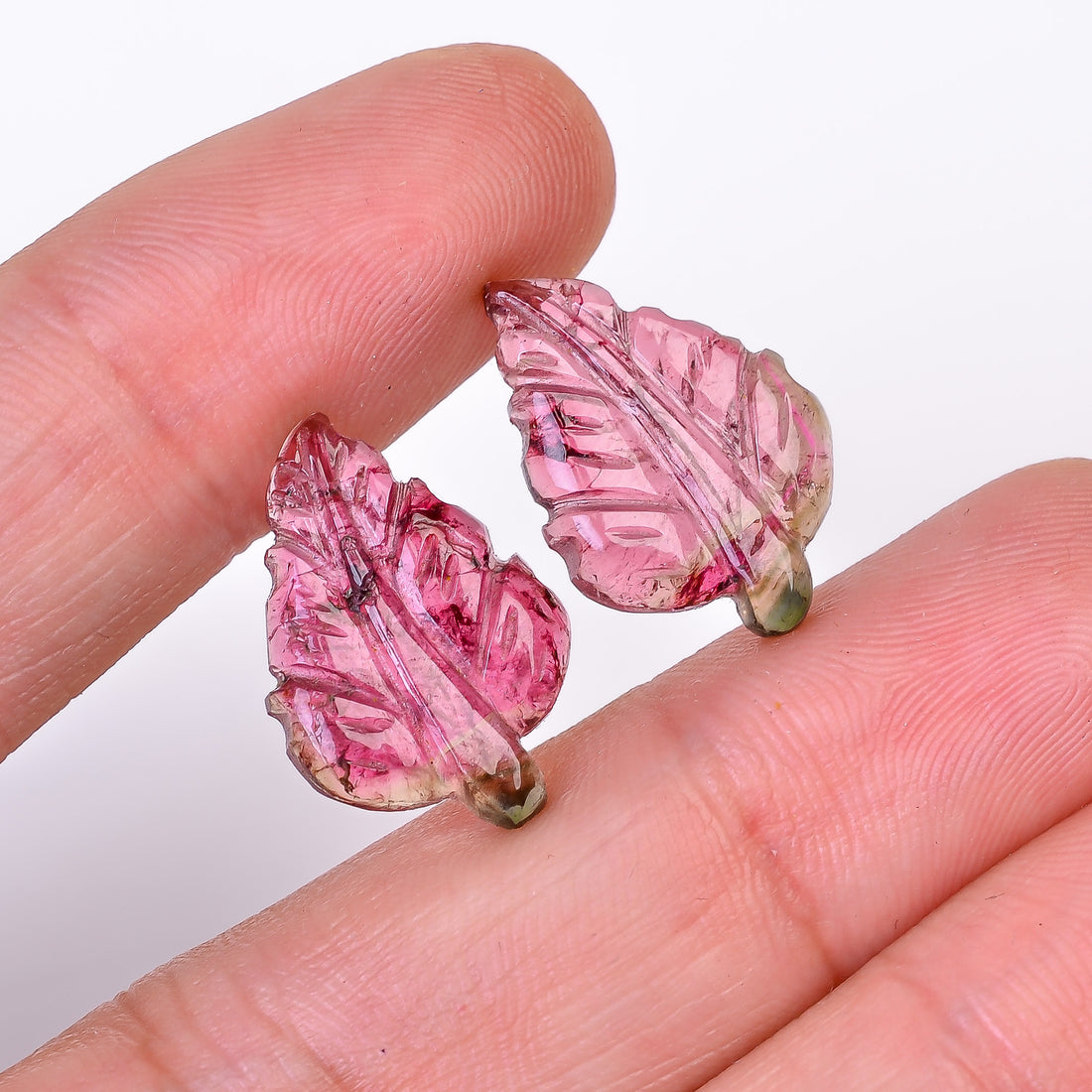 Natural Watermelon Tourmaline Leaf Shape Carved Loose Gemstone Pair For Making Earrings 11.3 Ct. 19X13X2 mm Y-10012