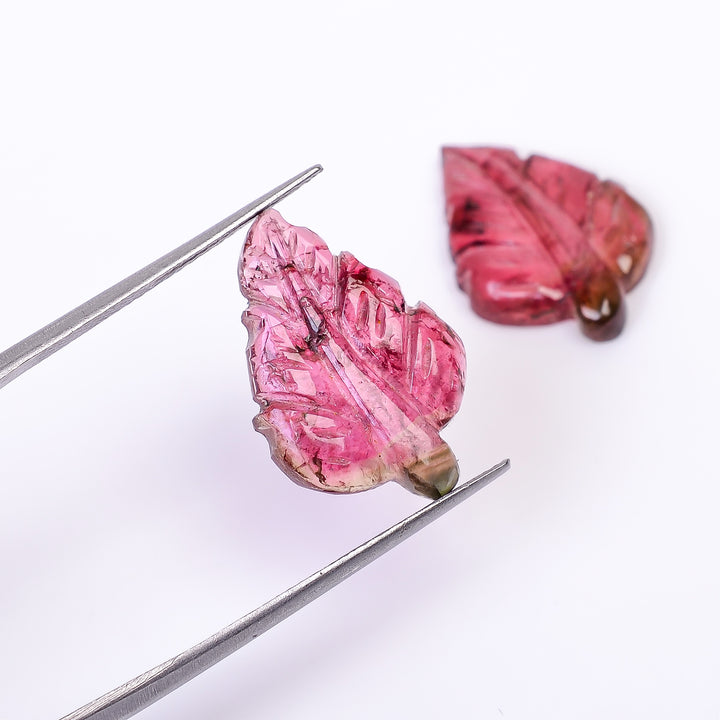 Natural Watermelon Tourmaline Leaf Shape Carved Loose Gemstone Pair For Making Earrings 11.3 Ct. 19X13X2 mm Y-10012