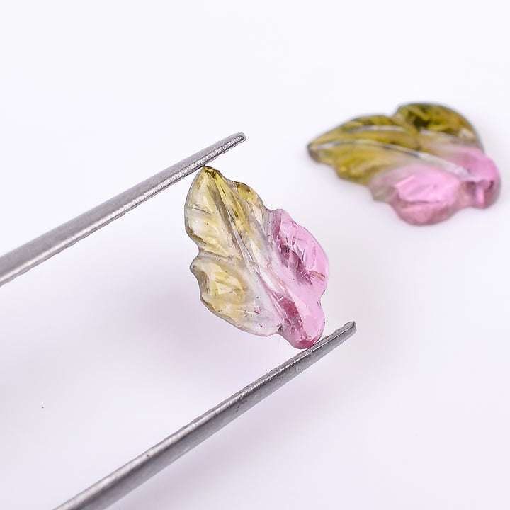 Natural Watermelon Tourmaline Leaf Shape Carved Loose Gemstone Pair For Making Earrings 2.15 Ct. 10X7X2 mm Y-10013