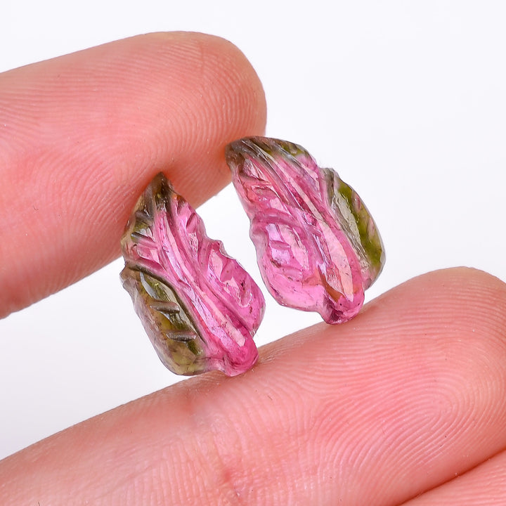Natural Watermelon Tourmaline Leaf Shape Carved Loose Gemstone Pair For Making Earrings 9.75 Ct. 15X8X4 mm Y-10014